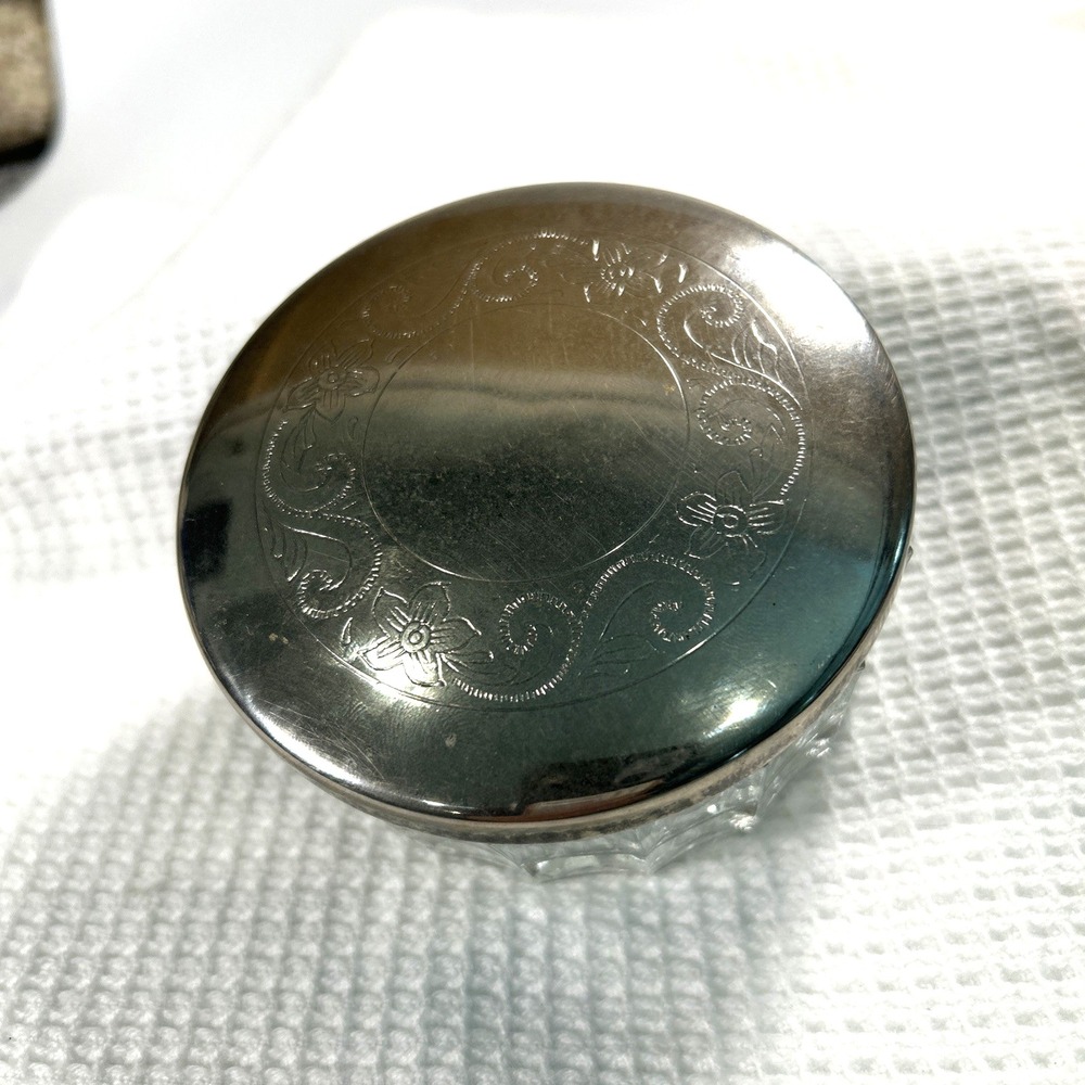 Vintage Silver Plated Vanity Glass Jar 3.75x2 inch Trinket Vanity Dish